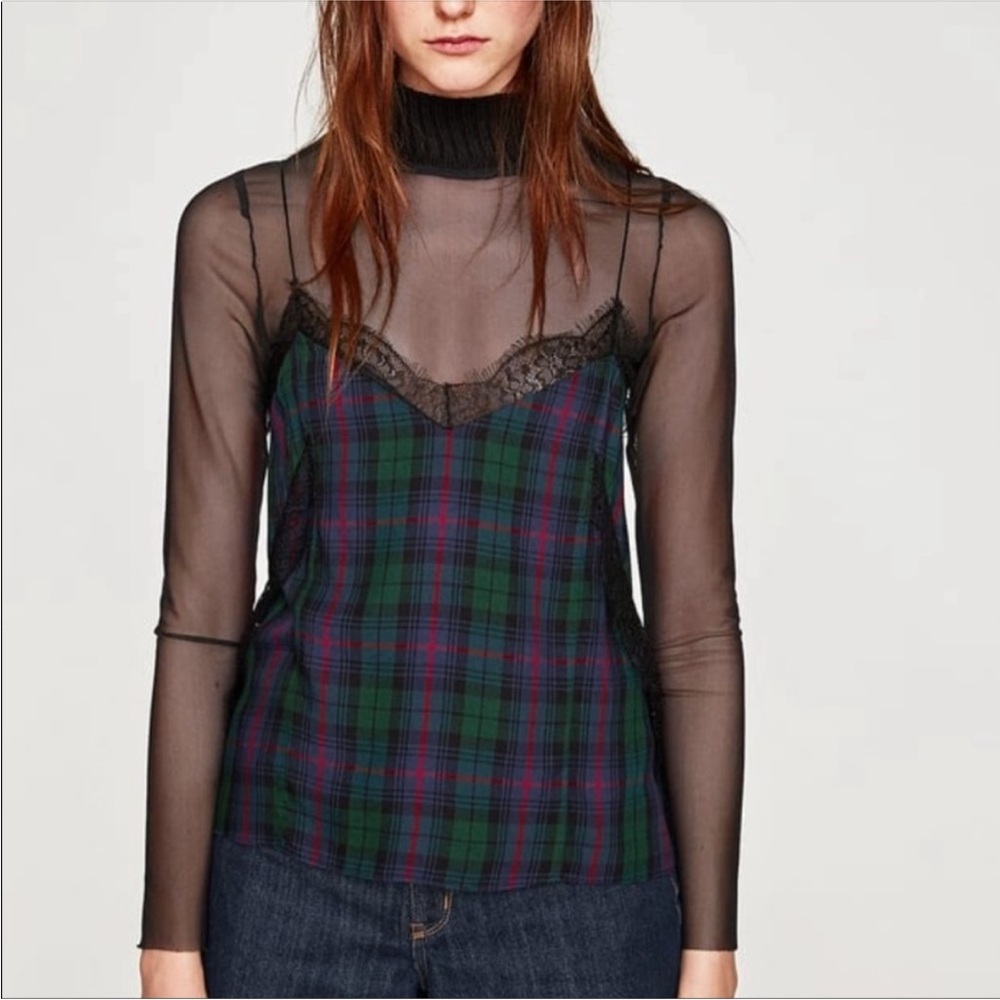 Zara Plaid Lace Trim Tank Top Size XS